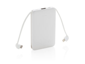 5.000 mAh Lomme Powerbank med Integrerede Kabler., Hvid