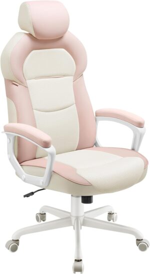 Ergonomisk kontorstol / gamingstol i læder, rosa, 150 kg.