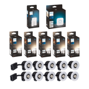 Indbygningsspot Startsæt | 10-Pak | Inkl. Philips Hue GU10 | White | 2700K | Bridge + Dimmer | Hvid