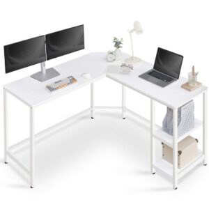 L-formet computerbord med hylder, ahornhvid