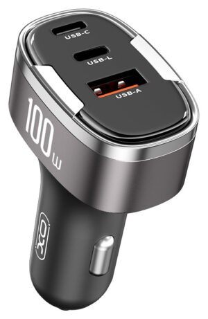XO CC61 PD QC Biloplader - 100W, USB-A, USB-C, Lightning - Grå