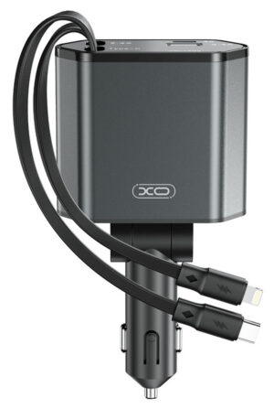 XO CC62 Biloplader - 104W, USB-A, USB-C, Lightning Kabel - Grå