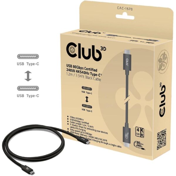 USB-C kabel Club3D USB4 1,2 m – 240 W, 80 Gbps, 8K240Hz – Sort