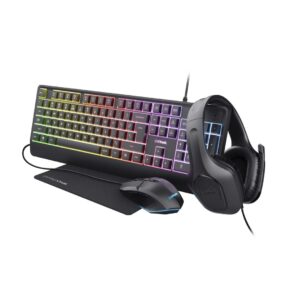 Gaming tastatursæt Trust GXT 792 Quadrox – tastatur, mus, headset og musemåtte (USB, QWERTY US, sort)