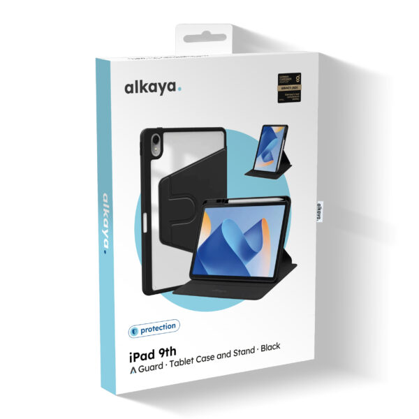 alkaya Lucid 360 iPad-cover – iPad 9. generation, 10,2", 360° roterende stander – Sort